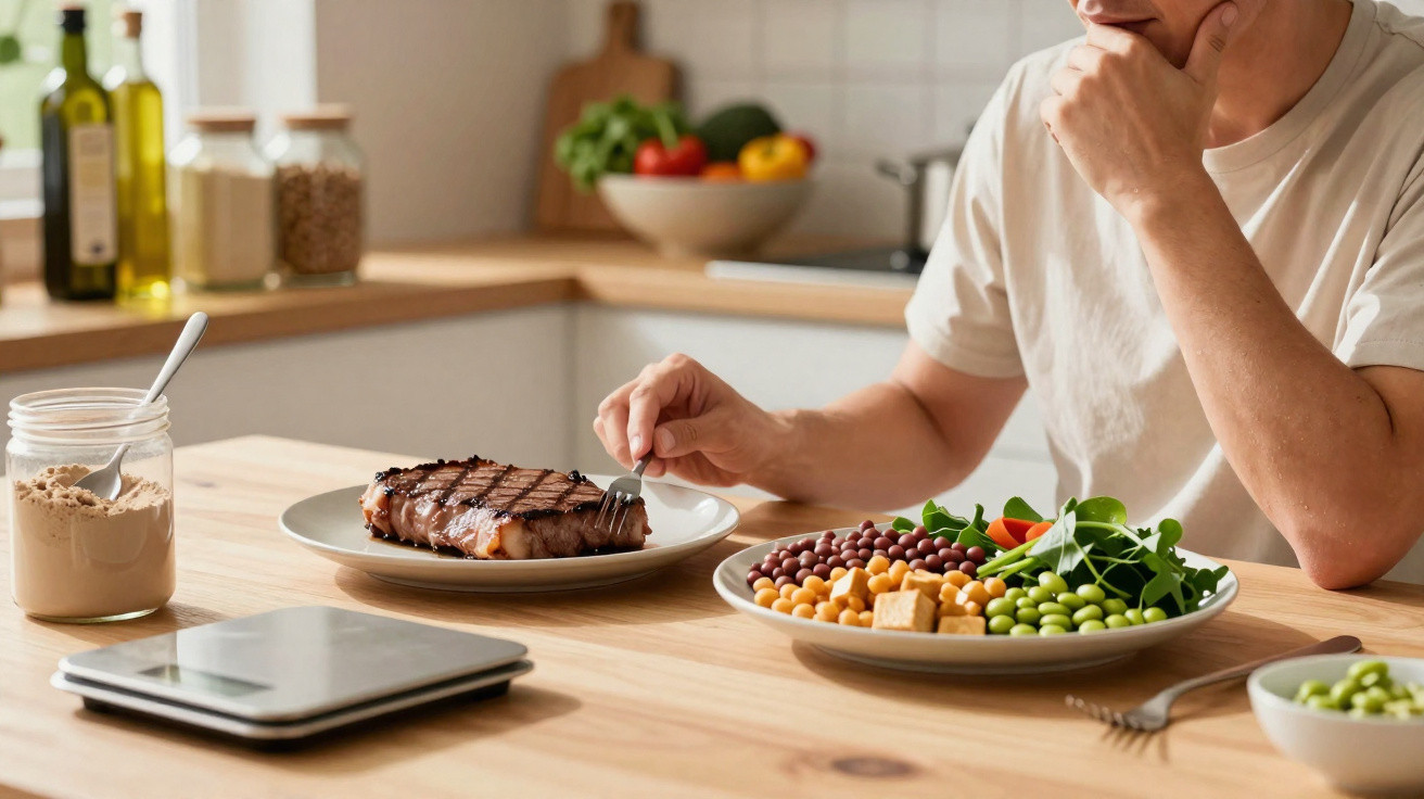 Pessoa analisando um prato com feijão, grão-de-bico, tofu e vegetais na cozinha.