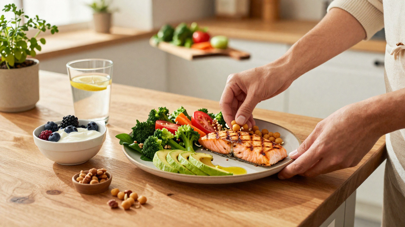 Prato com salmão grelhado, abacate, brócolis, tomate e grão-de-bico, acompanhado de iogurte com frutas e copo d'água.