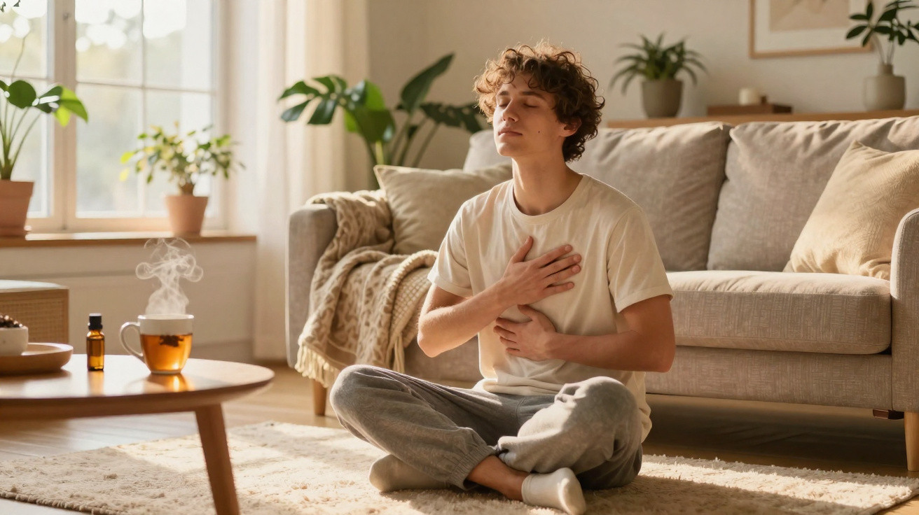 Homem jovem meditando sentado no tapete da sala, mãos no peito, em ambiente iluminado e aconchegante.