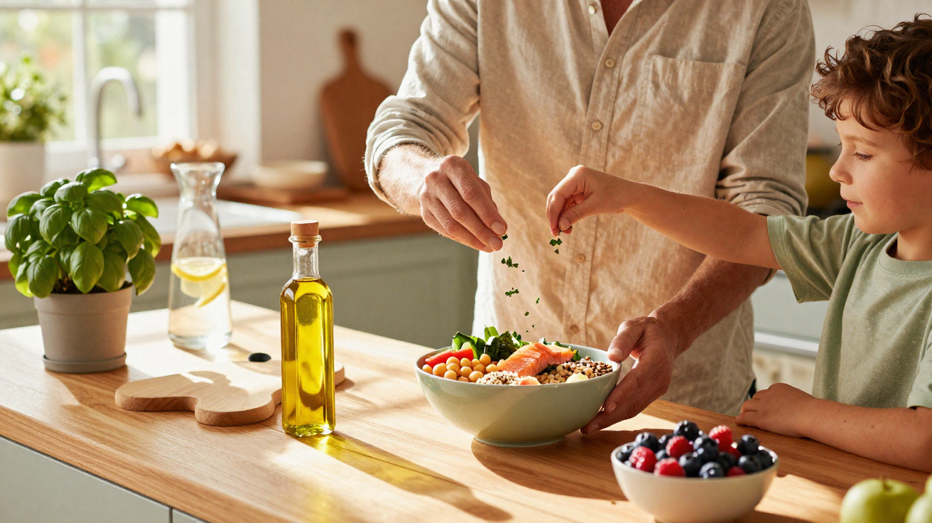 Adulto e criança preparando refeição saudável com legumes e frutas na bancada da cozinha.