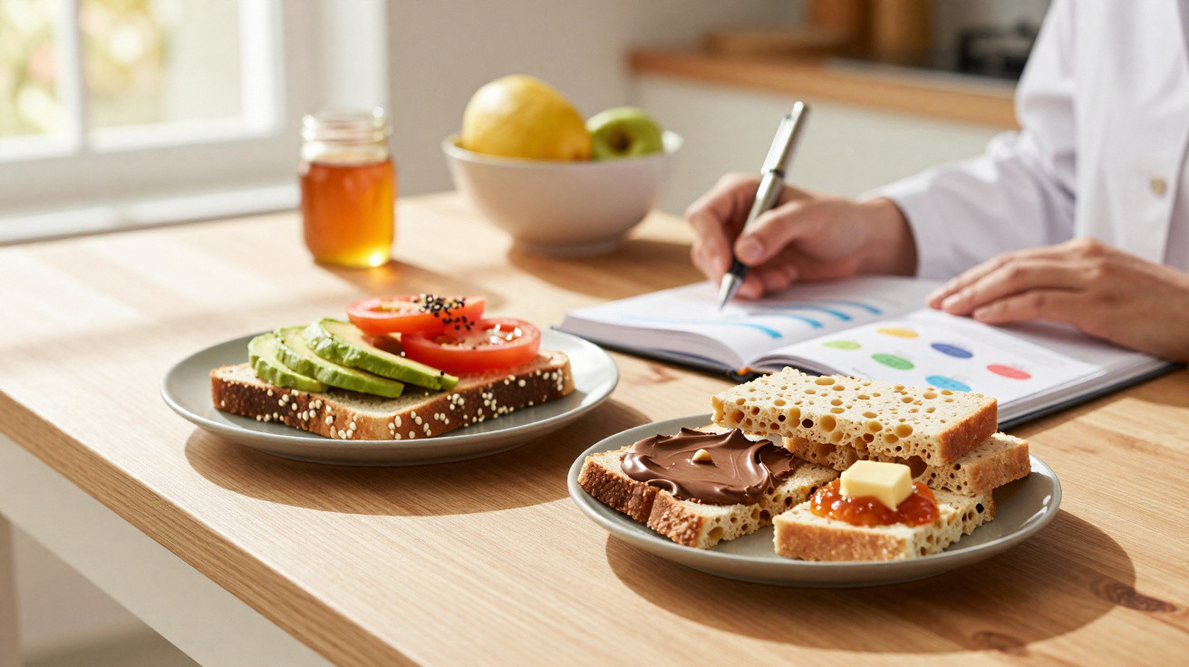 Mesa com duas torradas com diferentes coberturas e pessoa escrevendo em caderno próximo à janela.