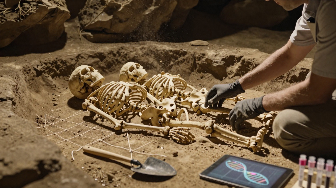 Arqueólogo escava dois esqueletos humanos juntos em escavação com tablet exibindo DNA ao lado.
