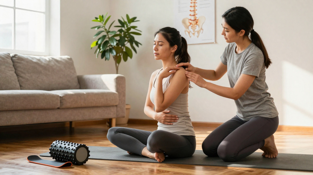 Mulher recebendo massagem nos ombros durante sessão de fisioterapia em ambiente claro e acolhedor.