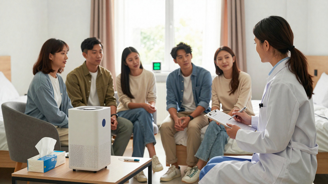 Médica orienta grupo de cinco pessoas sentadas em ambiente interno, com purificador de ar na mesa.