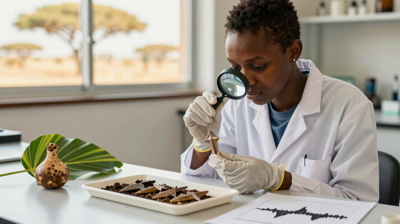 Mulher cientista analisando amostra de solo com lupa em laboratório, usando jaleco branco e luvas.