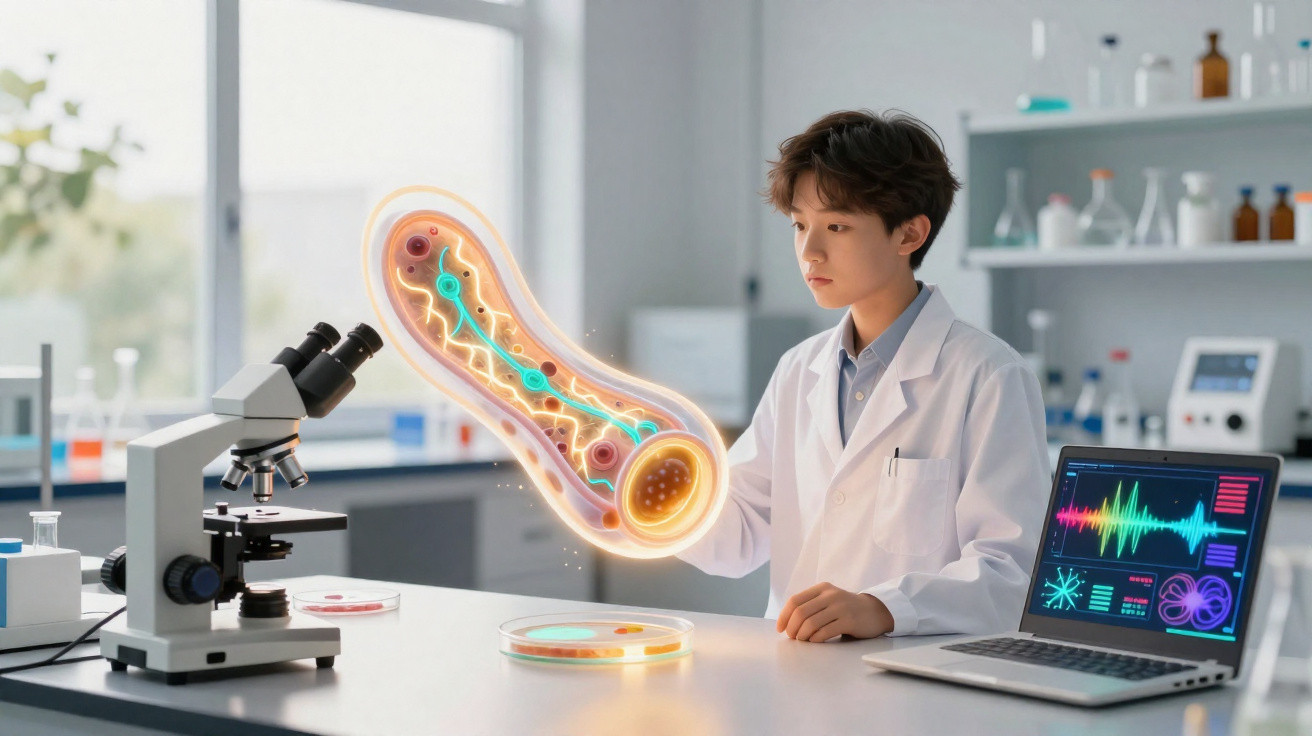 Criança cientista em laboratório observando imagem holográfica de bactéria com microscópio e laptop.