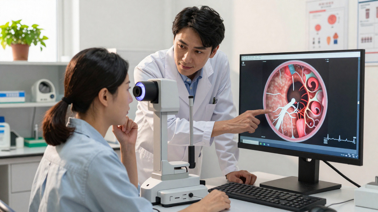 Médico oftalmologista explica exame de olho para paciente usando imagem digital em computador na clínica.