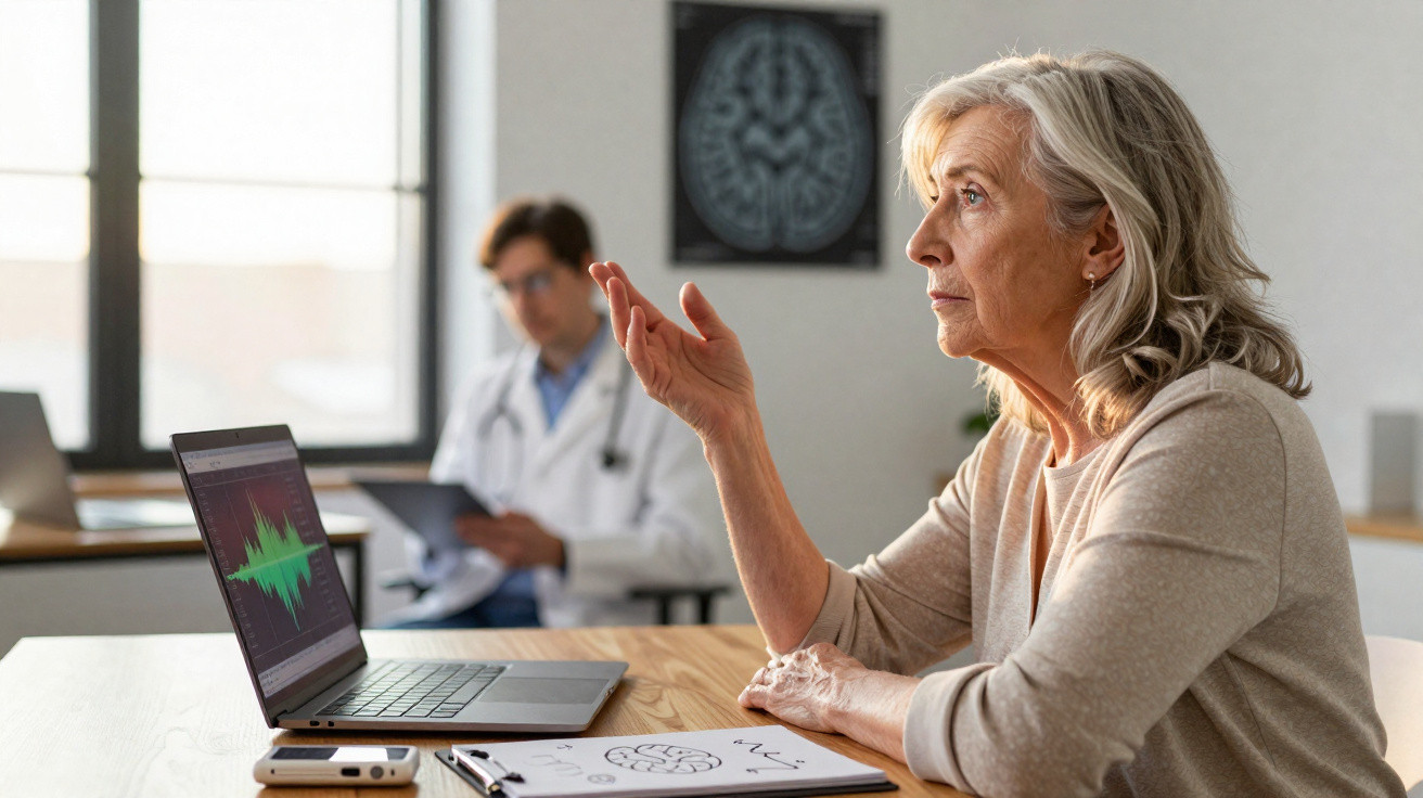 Mulher idosa em consulta médica, falando com doutor no consultório com exames de cérebro ao fundo.
