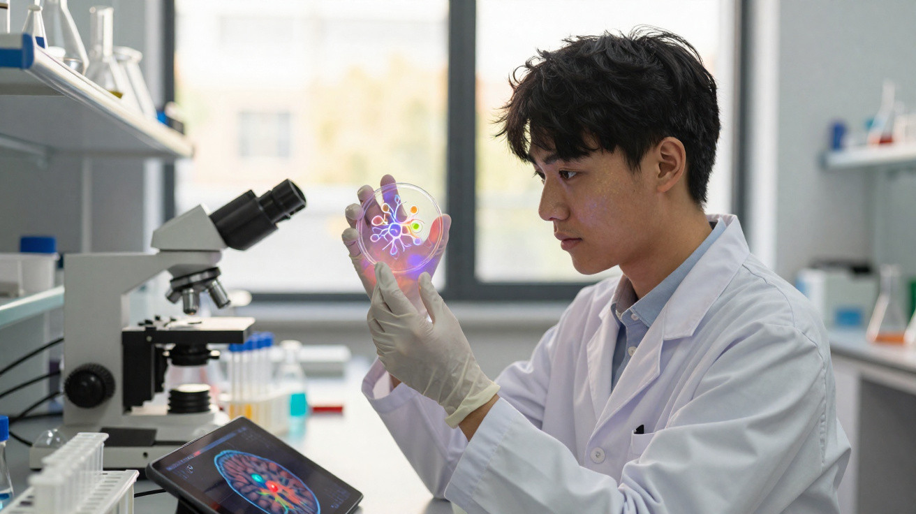 Cientista em laboratório analisando placa de Petri iluminada com micropipeta e tablet ao lado.