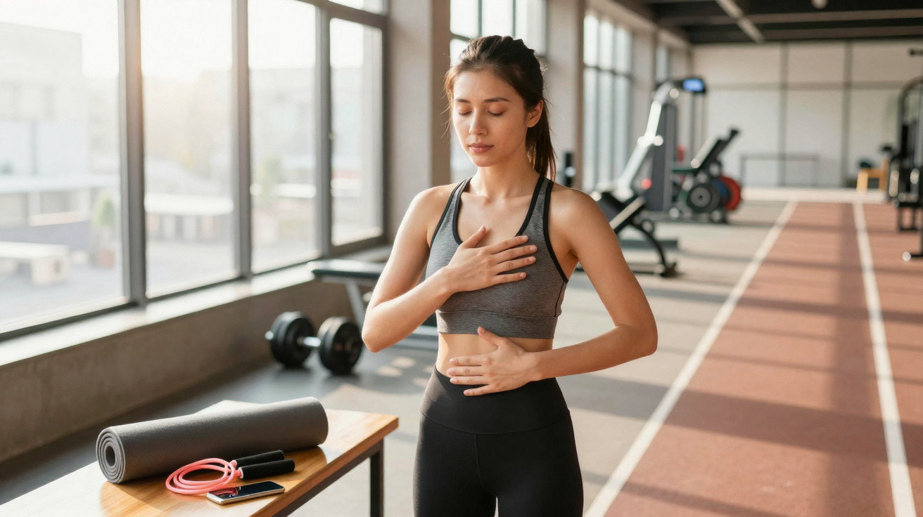 Mulher em roupa esportiva pratica respiração profunda em academia perto de tapete, corda e celular sobre mesa.
