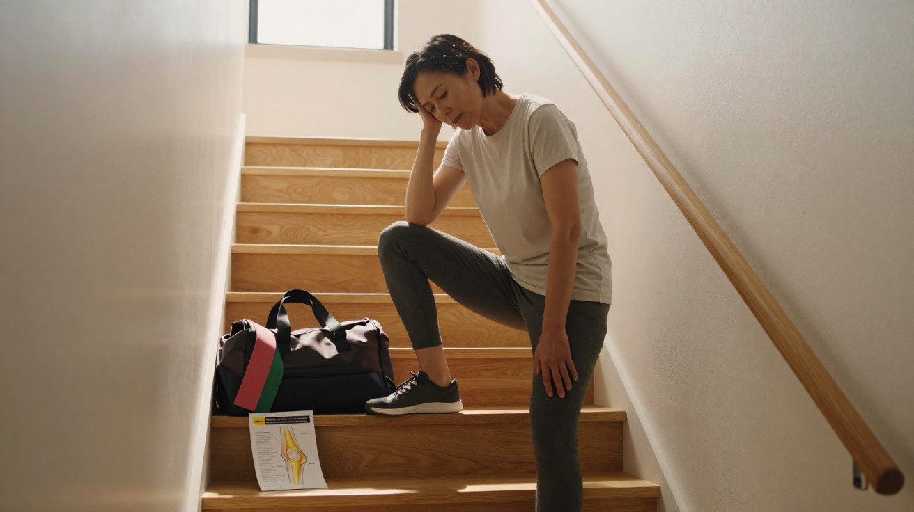Mulher sentada em escada com expressão de dor, ao lado bolsa de academia e imagem de articulação do joelho.