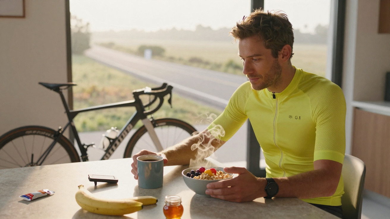 Homem com roupa ciclística amarela tomando café da manhã com cereal e frutas na cozinha, com bicicleta ao fundo.
