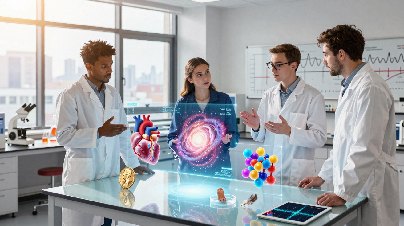 Grupo de cientistas discutindo representação holográfica de coração, galáxia e molécula em laboratório moderno.