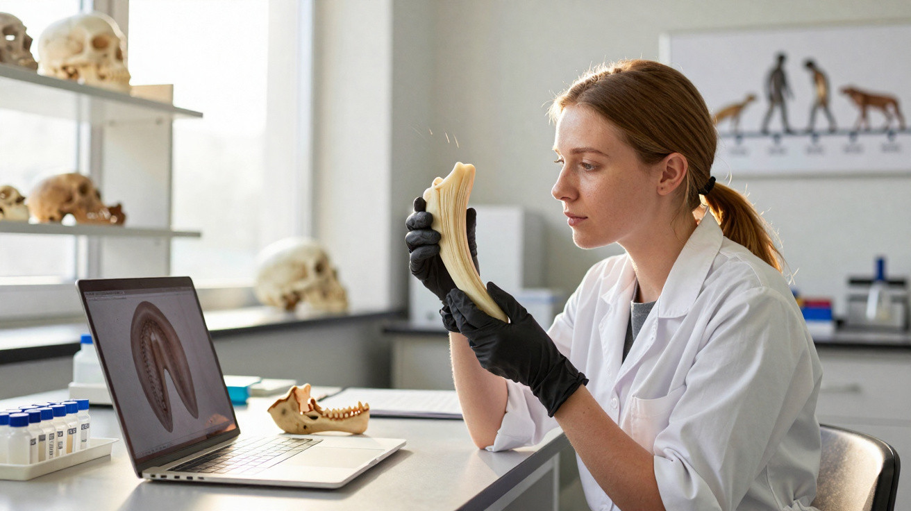 Jovem cientista com jaleco branco e luvas pretas analisa fóssil ósseo em laboratório de paleontologia.