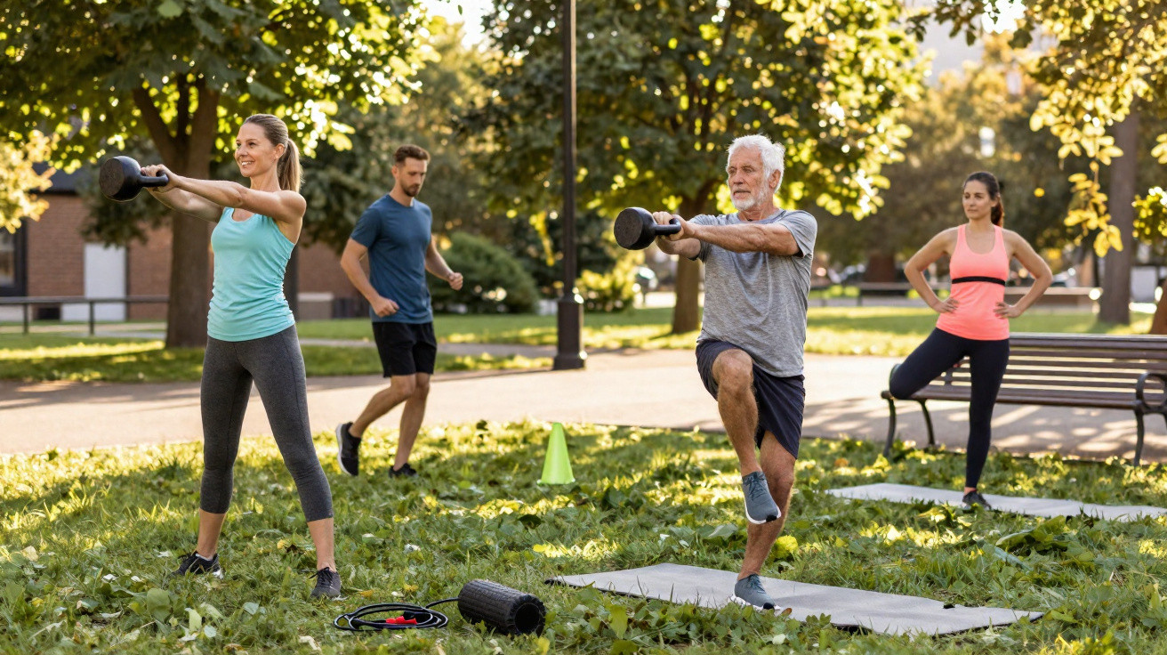 Grupo de pessoas de diferentes idades praticando exercícios com kettlebell ao ar livre em parque ensolarado.