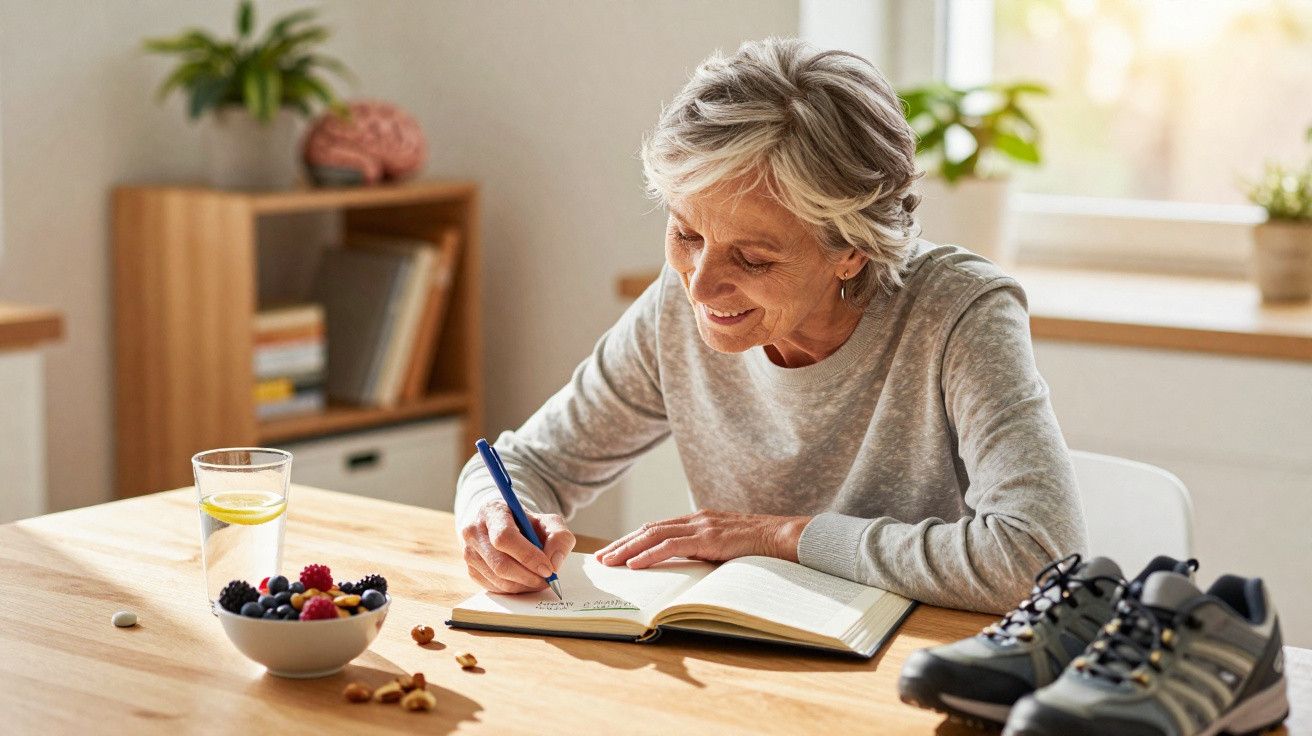 Mulher idosa escrevendo em caderno, sentada à mesa com tênis, castanhas, frutas e copo d'água com limão.