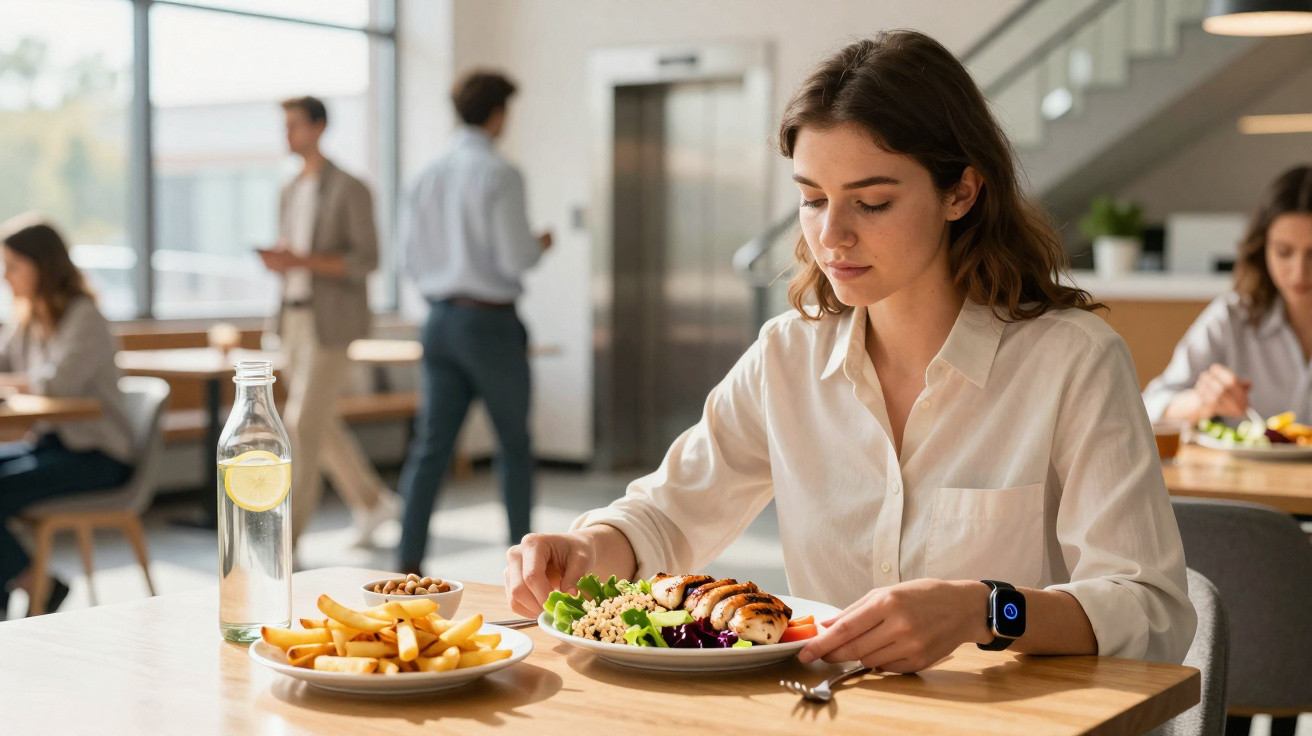 Mulher sentada em refeitório moderno, olhando para prato com salada e filé grelhado, com batatas fritas e garrafa de água na 