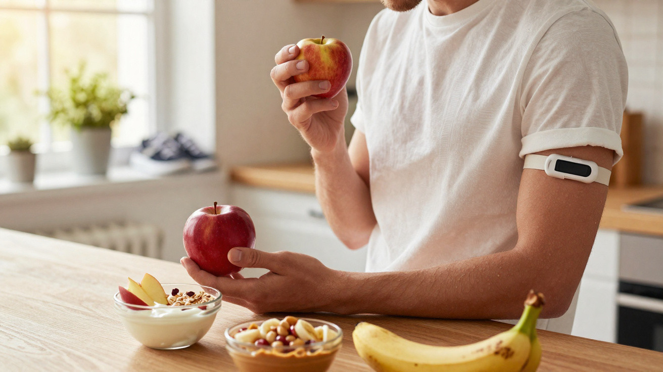 Pessoa segurando maçãs em cozinha com frutas e cereais sobre a mesa, vestindo camiseta branca e pulseira fitness.