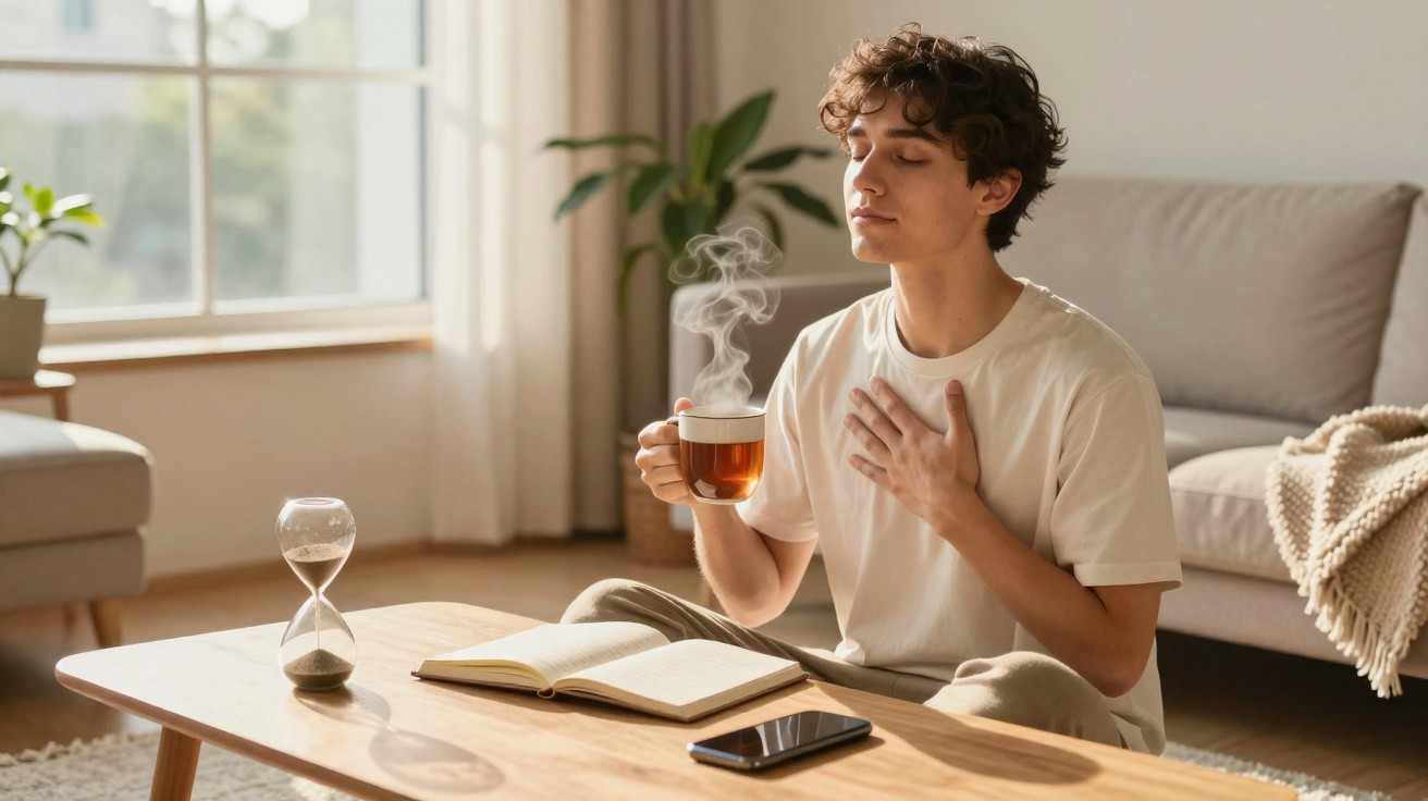 Jovem sentado no chão segurando xícara de chá fumegante, com livro aberto e celular na mesa à sua frente.