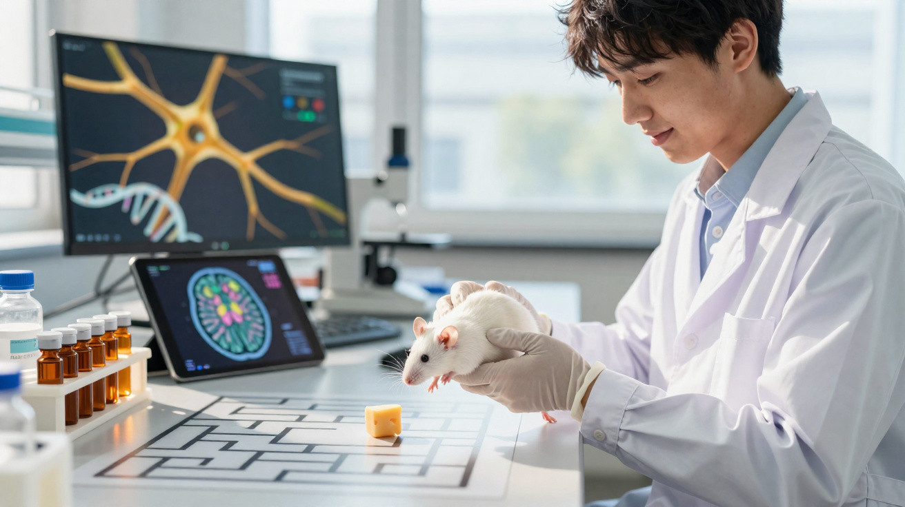 Pesquisador em laboratório segurando rato branco próximo a labirinto com queijo e telas de análises científicas ao fundo.