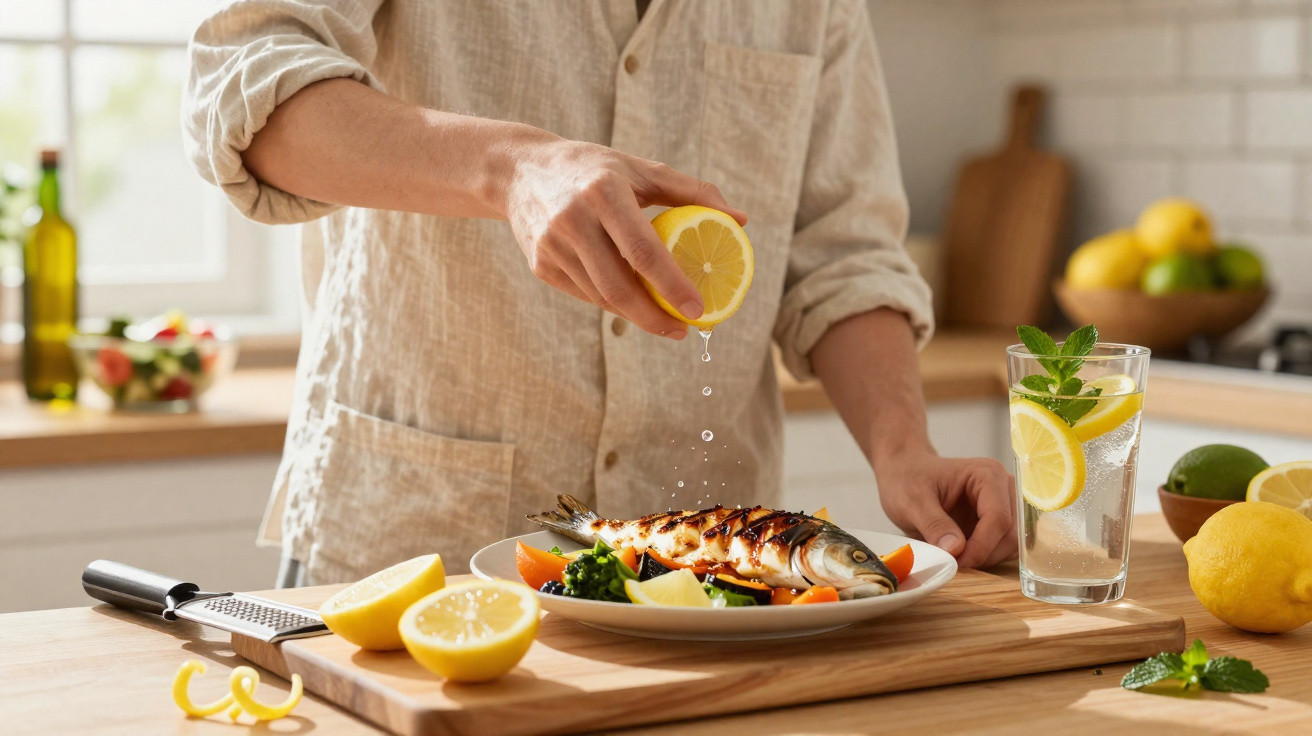Pessoa espremendo limão sobre peixe grelhado em prato na cozinha com limão e copo ao lado.