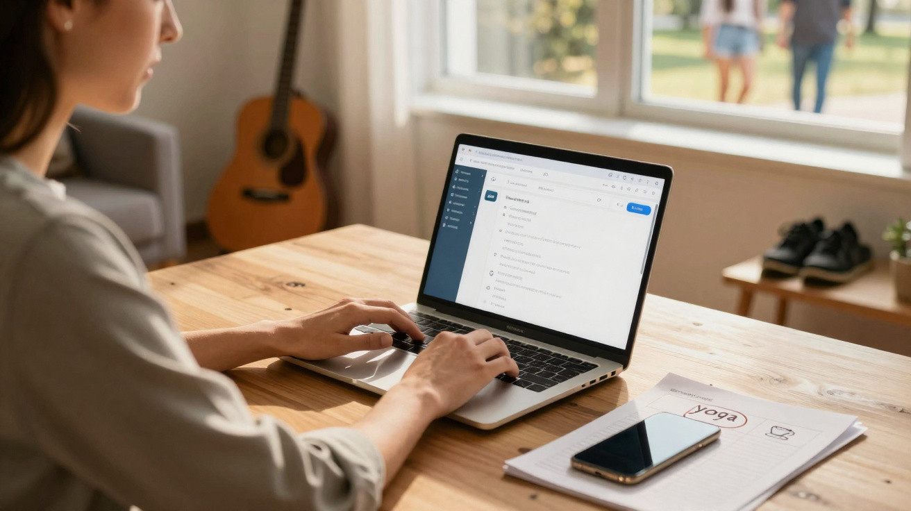 Pessoa digitando em laptop em mesa de madeira com violão ao fundo e caderno com celular ao lado.