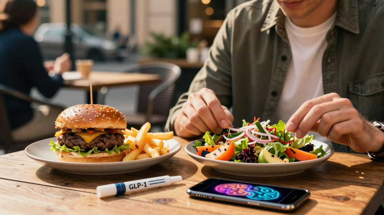 Pessoa escolhendo salada em restaurante, com hambúrguer, batatas fritas, caneta GLP-1 e celular na mesa.