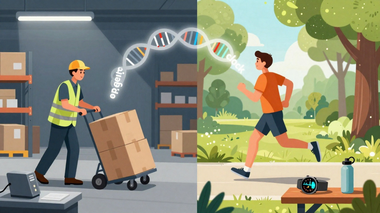 Ilustração dividida: trabalhador de carga em depósito e homem correndo ao ar livre com DNA e relógio conectando ambos.