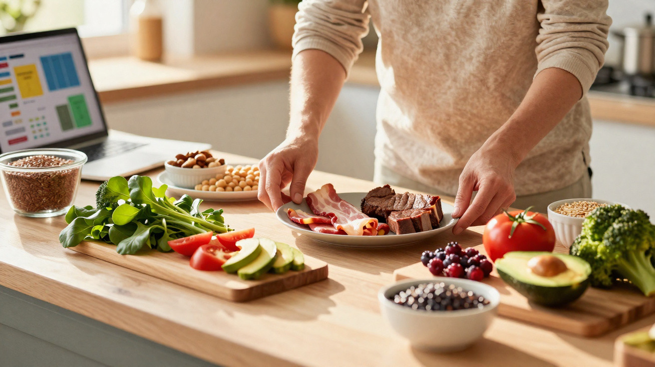 Pessoa preparando prato com carnes, legumes, frutas e oleaginosas numa bancada de cozinha iluminada.