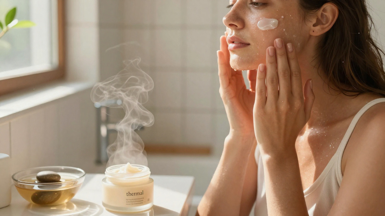 Mulher aplicando creme facial em ambiente iluminado com pote de creme e vapor ao fundo.