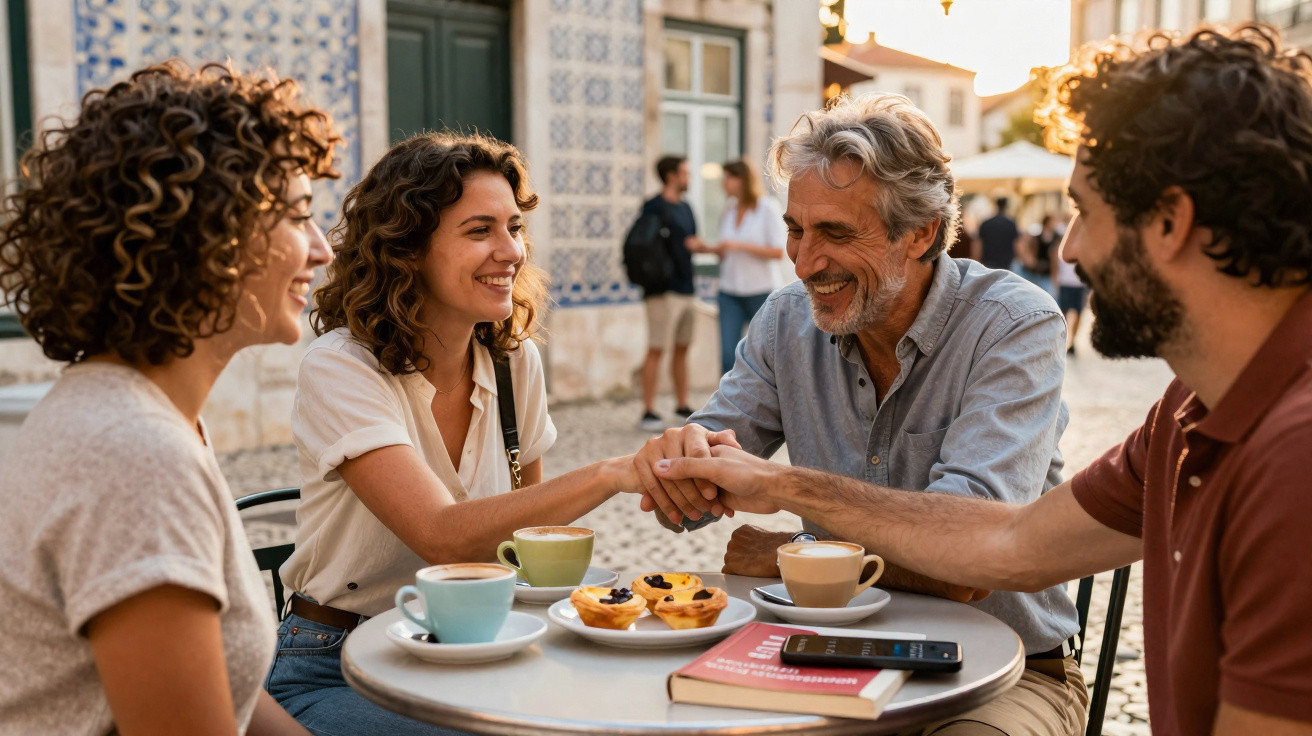 Quatro pessoas sorrindo em café ao ar livre, com doces e bebidas na mesa, em tarde ensolarada.