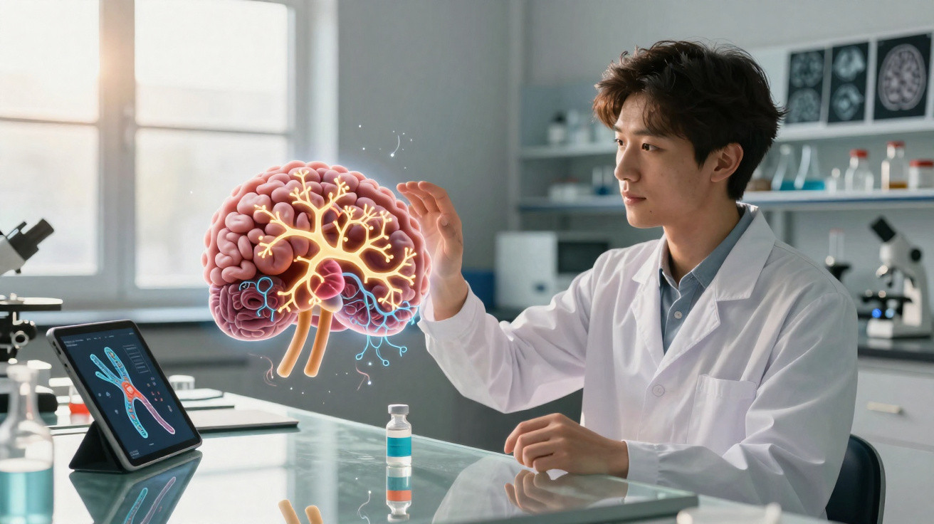 Cientista em laboratório interagindo com modelo 3D holográfico do cérebro humano.