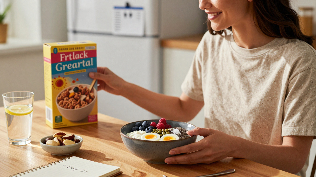 Mulher sorridente segurando tigela de café da manhã com frutas e ovos, ao lado de caixa de cereal e nuts.
