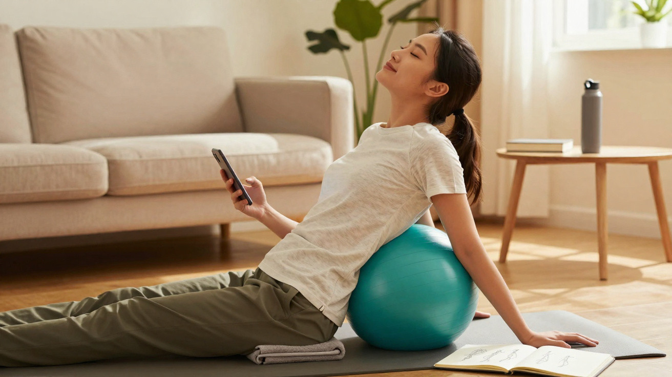 Mulher relaxando em bola de exercício em sala de estar com celular na mão e livro aberto no tapete.