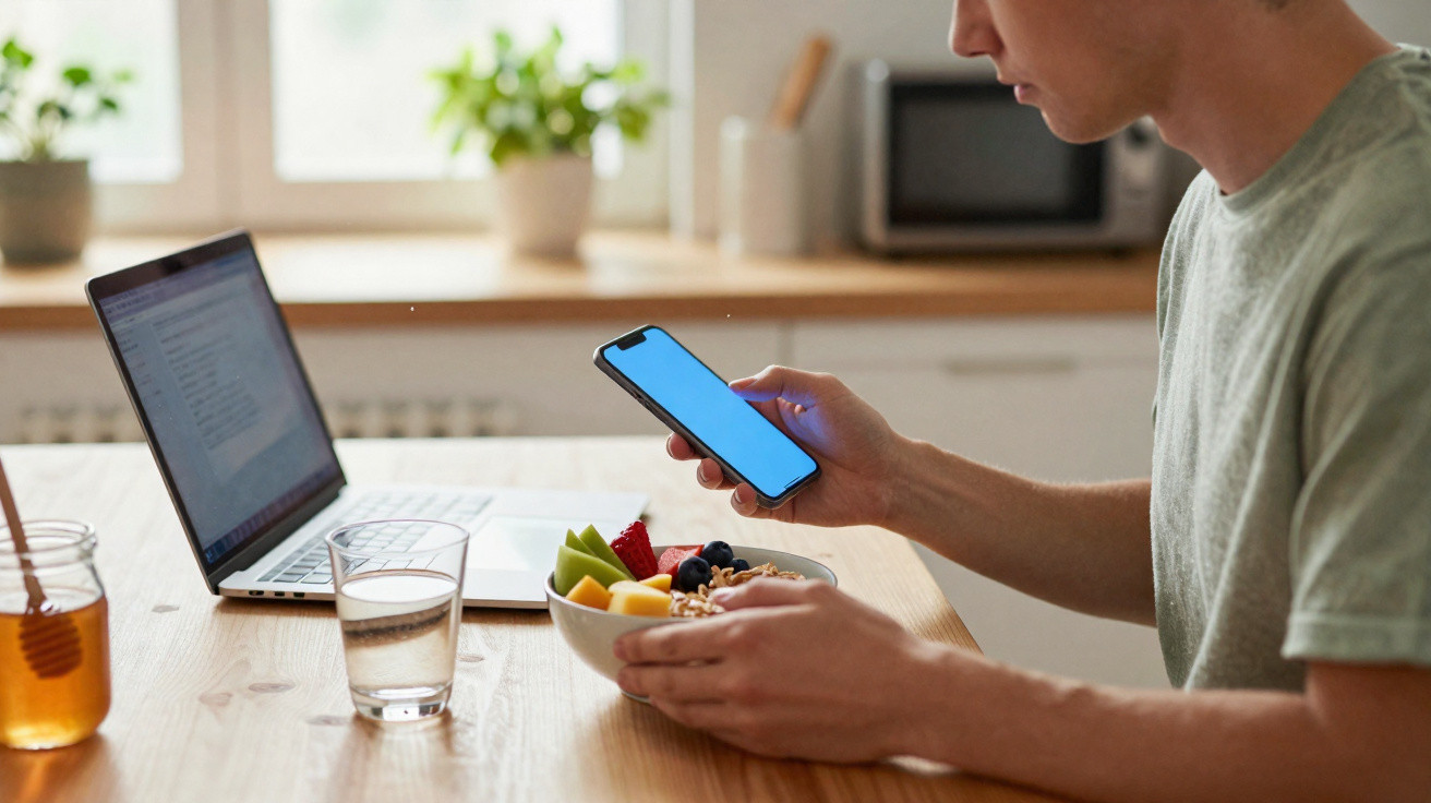 Pessoa segurando celular e tigela de frutas enquanto trabalha em laptop na cozinha.