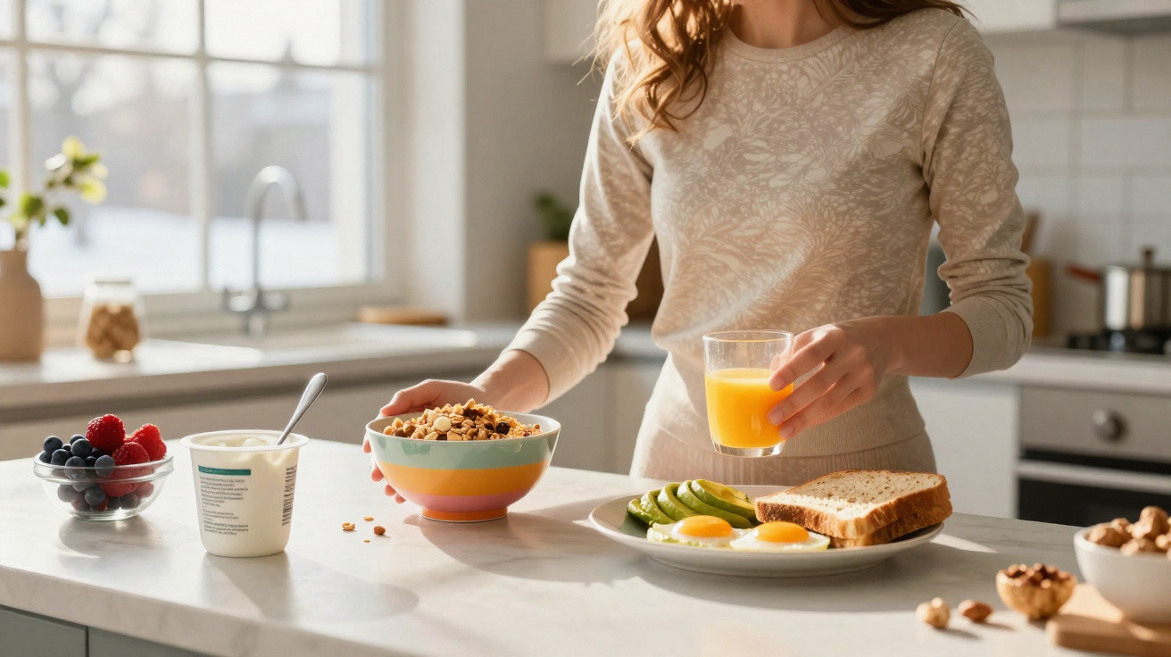 Mulher preparando café da manhã saudável com ovos, abacate, suco de laranja, frutas, granola e iogurte na cozinha.