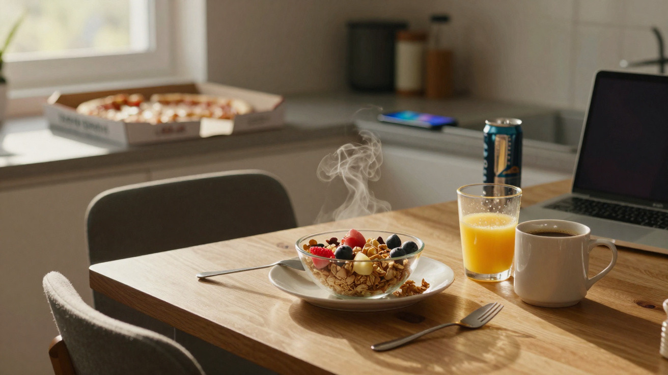 Mesa de madeira com tigela de granola, suco de laranja, café quente, computador e pizza ao fundo.