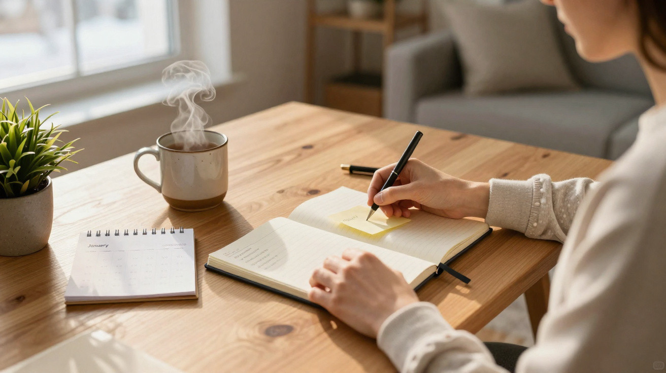 Pessoa escrevendo em caderno com caneta, xícara de café fumegante, calendário e planta sobre mesa de madeira.