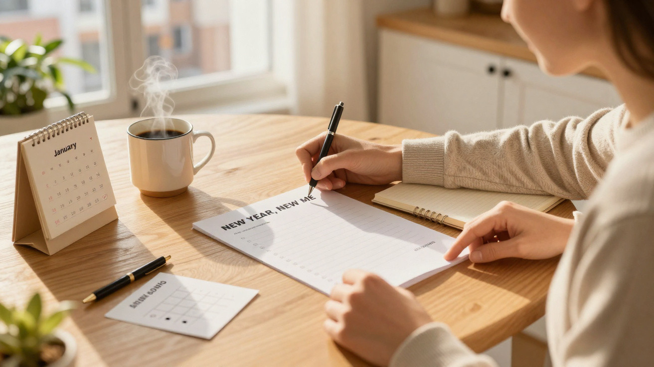 Pessoa escrevendo metas para o Ano Novo em papel, com calendário, canecas e café na mesa.