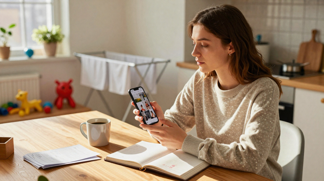 Mulher sentada à mesa olhando o celular, com caderno aberto e xícara de café à sua frente.