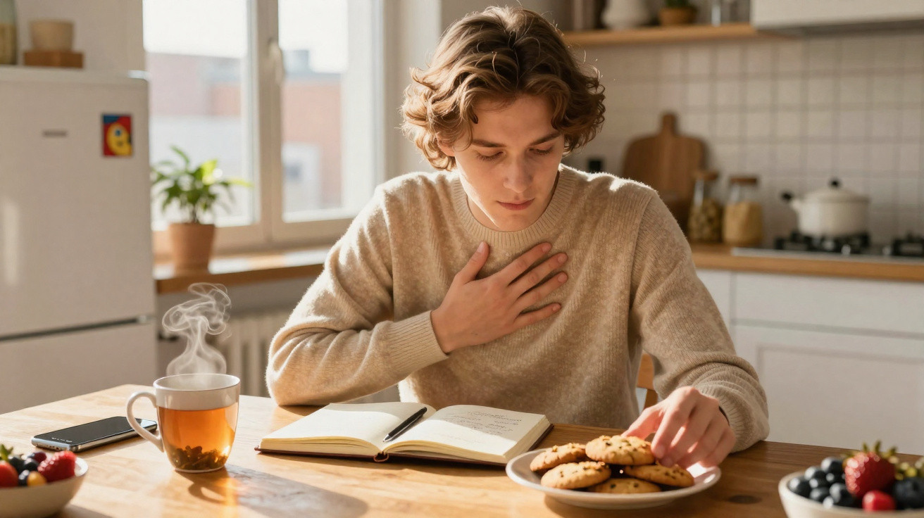 Jovem sentado à mesa segurando o peito com uma mão e pegando biscoitos com a outra, com chá e livro aberto.