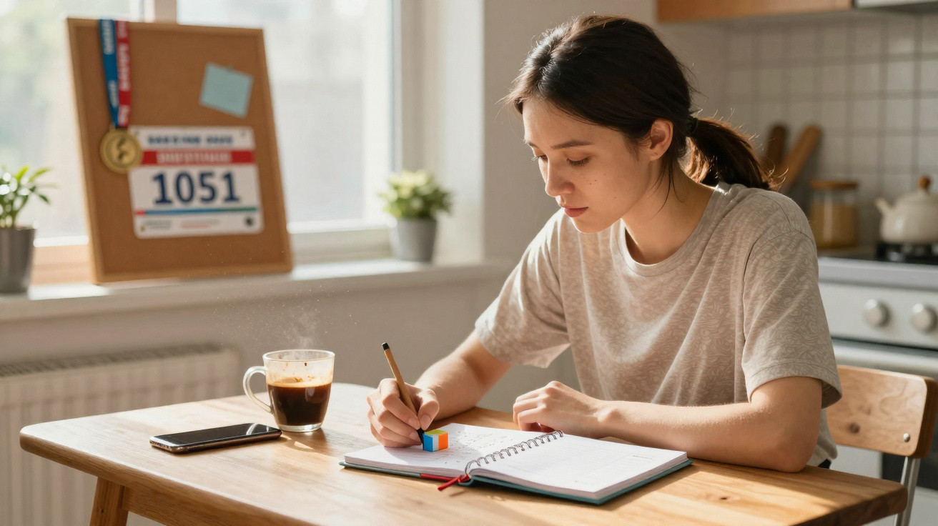 Mulher sentada escrevendo em caderno na mesa, com café, celular e quadro de competições ao fundo.