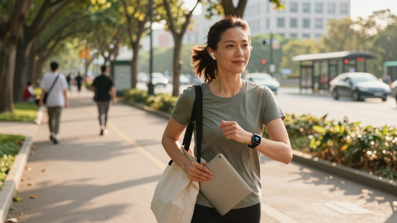 Mulher com roupa fitness e bolsa, caminhando em calçada urbana ensolarada com tablet e smartwatch.