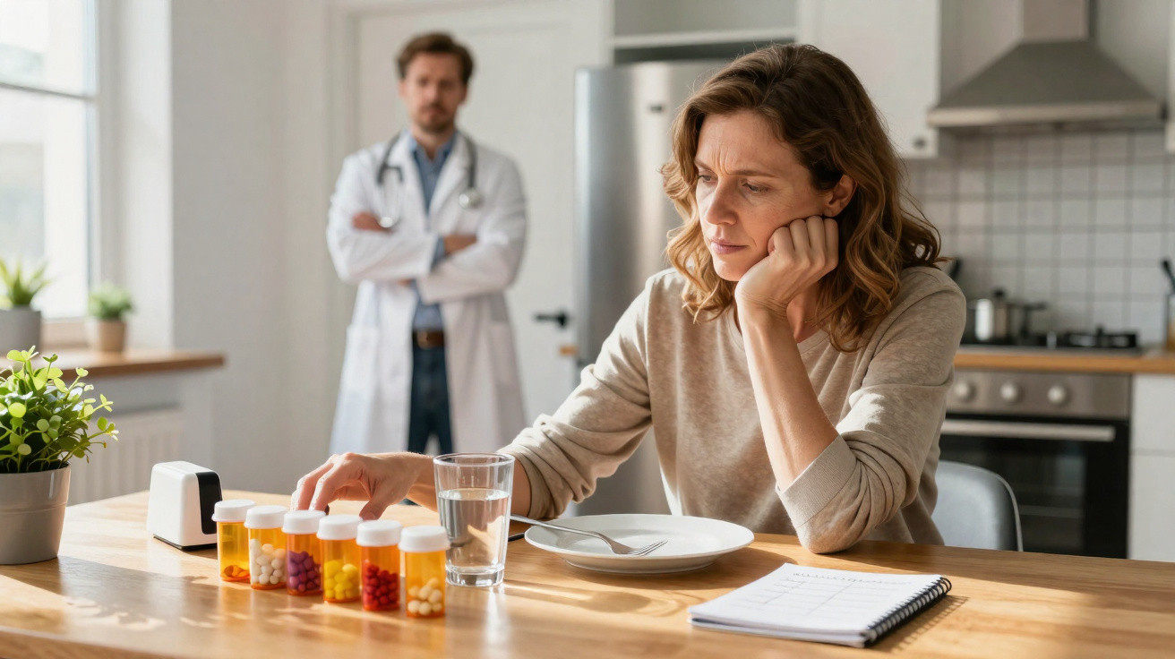 Mulher pensativa olhando frascos de remédios na mesa, com médico ao fundo na cozinha.