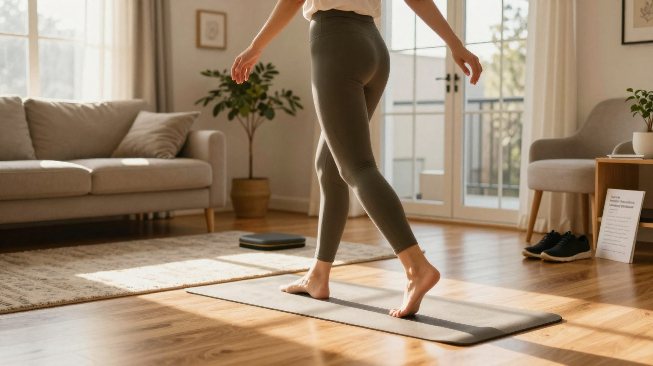 Pessoa descalça fazendo exercícios de equilíbrio em tapete de yoga em sala iluminada pelo sol.