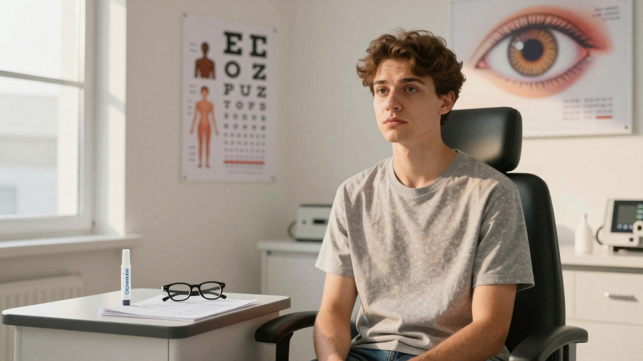 Jovem sentado em consultório oftalmológico, aguardando atendimento, com mesa com óculos e colírio.