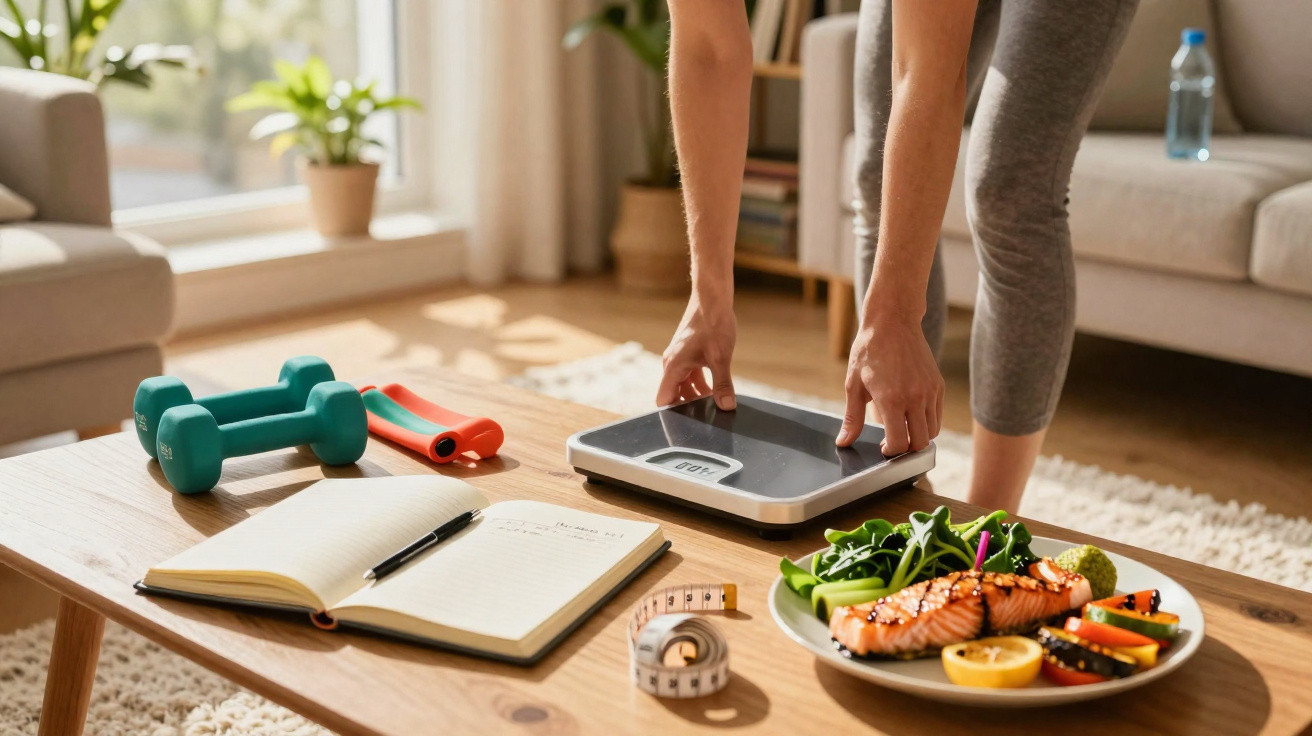 Pessoa segurando balança digital em sala com halteres, caderno, fita métrica e prato de comida saudável.
