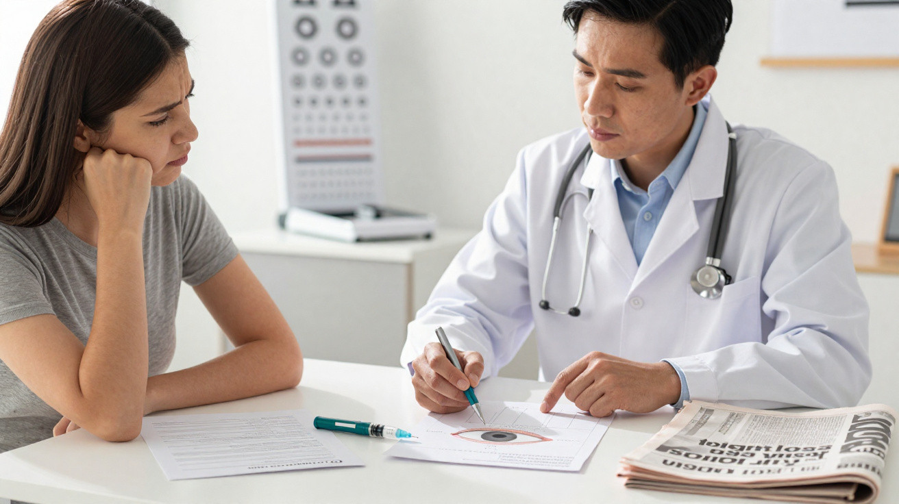 Paciente conversa com médico que explica exame ocular usando diagrama em consultório.