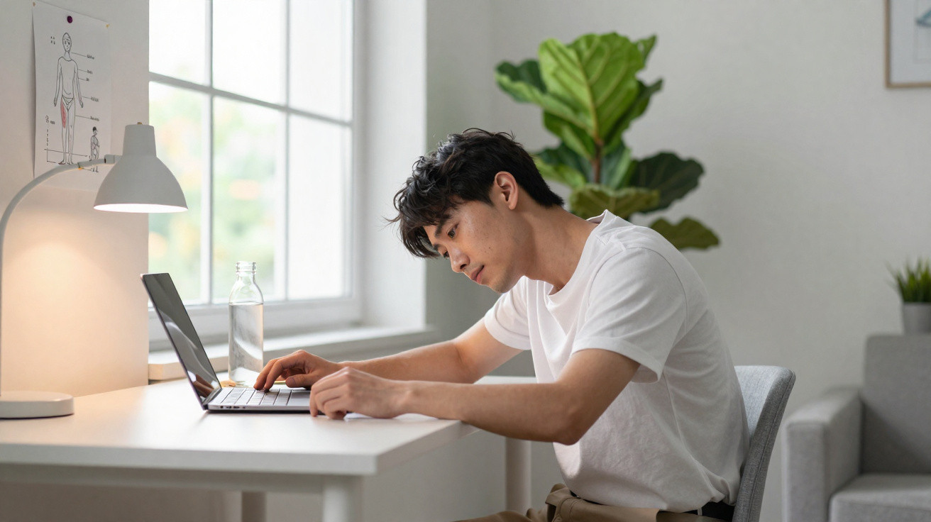 Jovem sentado em mesa branca usando laptop, com garrafa de água, luminária e planta ao fundo em ambiente iluminado.