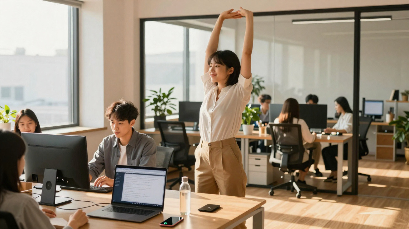 Mulher se espreguiçando em escritório moderno com colegas trabalhando em computadores ao fundo.